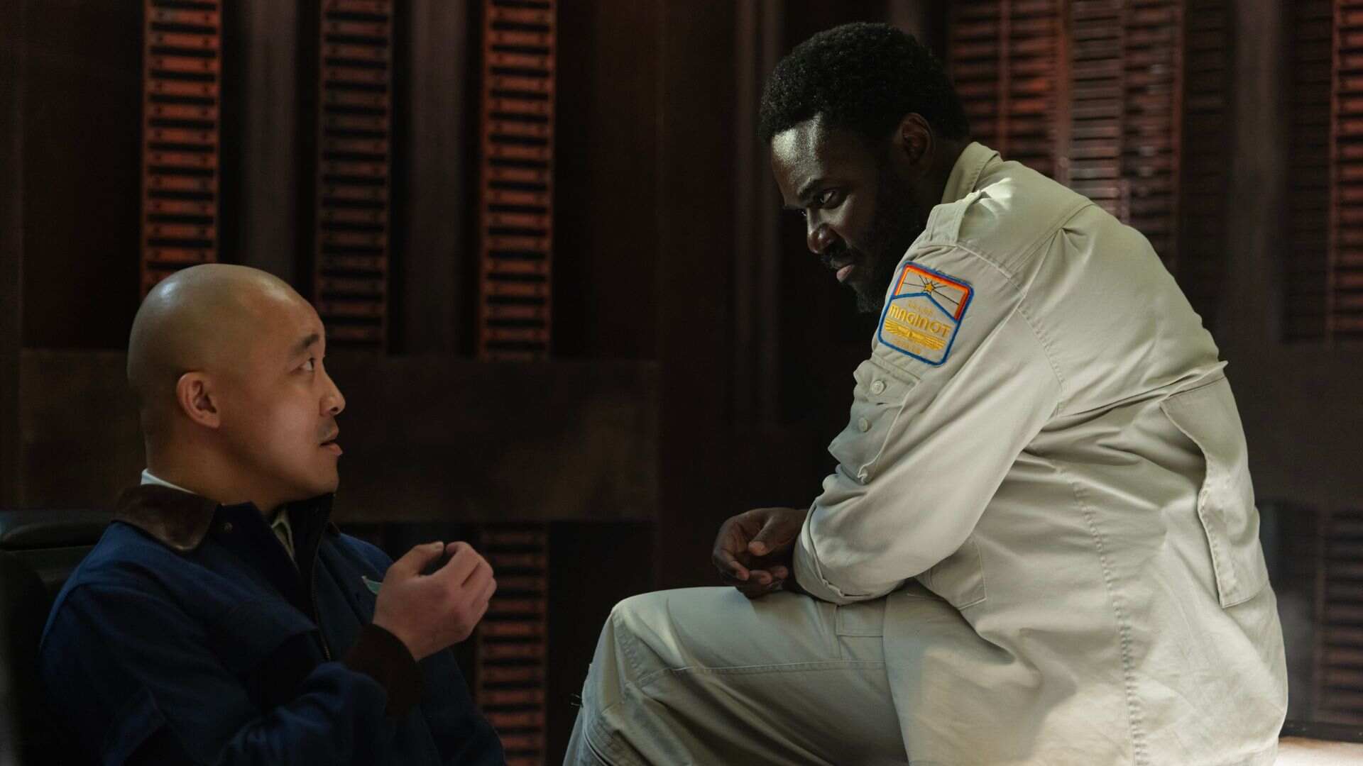 FX's Alien: Earth -- "In Space, No One..." -- Season 1, Episode 5 (Airs Tues, Sept 2) -- Pictured (L-R): Andy Yu as Teng, Babou Ceesay as Morrow. CR: Patrick Brown/FX