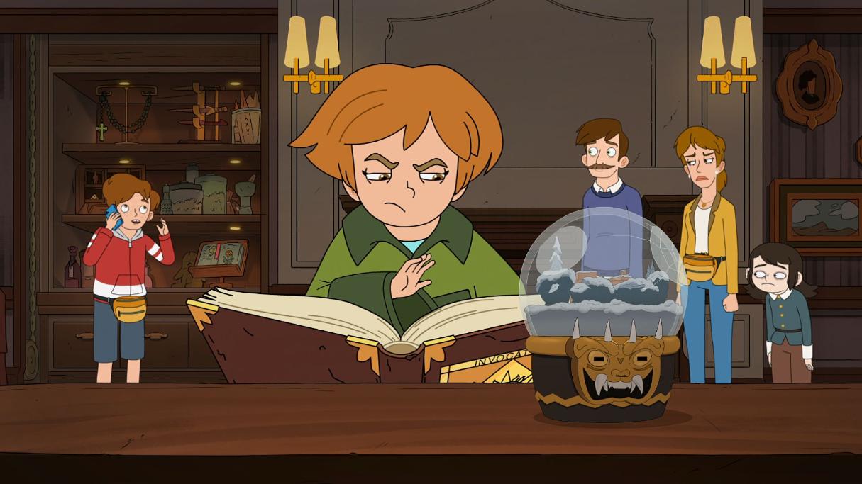 Haunted Hotel S1 (L to R) Skyler Gisondo as Ben, Natalie Palamides as Esther, Will Forte as Nathan, Eliza Coupe as Katherine and Jimmi Simpson as Abaddon in Haunted Hotel S1. Cr. COURTESY OF NETFLIX © 2025