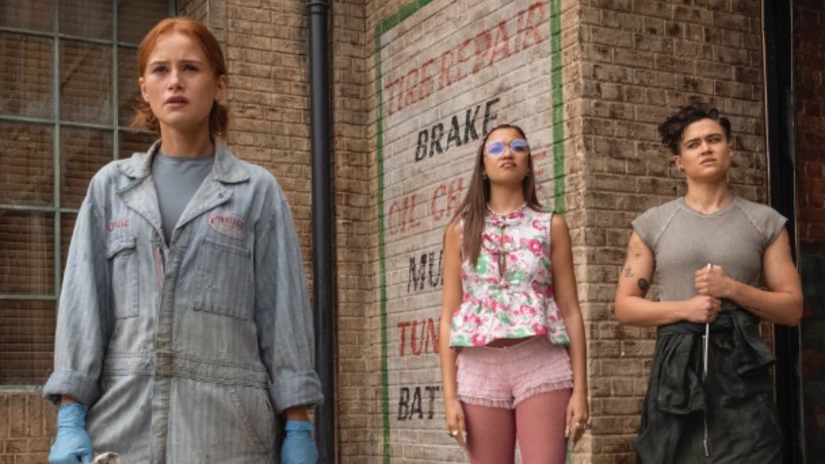 [L-R] Madelaine Petsch as “Charlie O’Malley, ” Madison Bailey as “Izzy, ” and Katy O'Brian as “Kam” in the Romantic-Comedy, MAINTENANCE REQUIRED, an Amazon MGM Studios release.