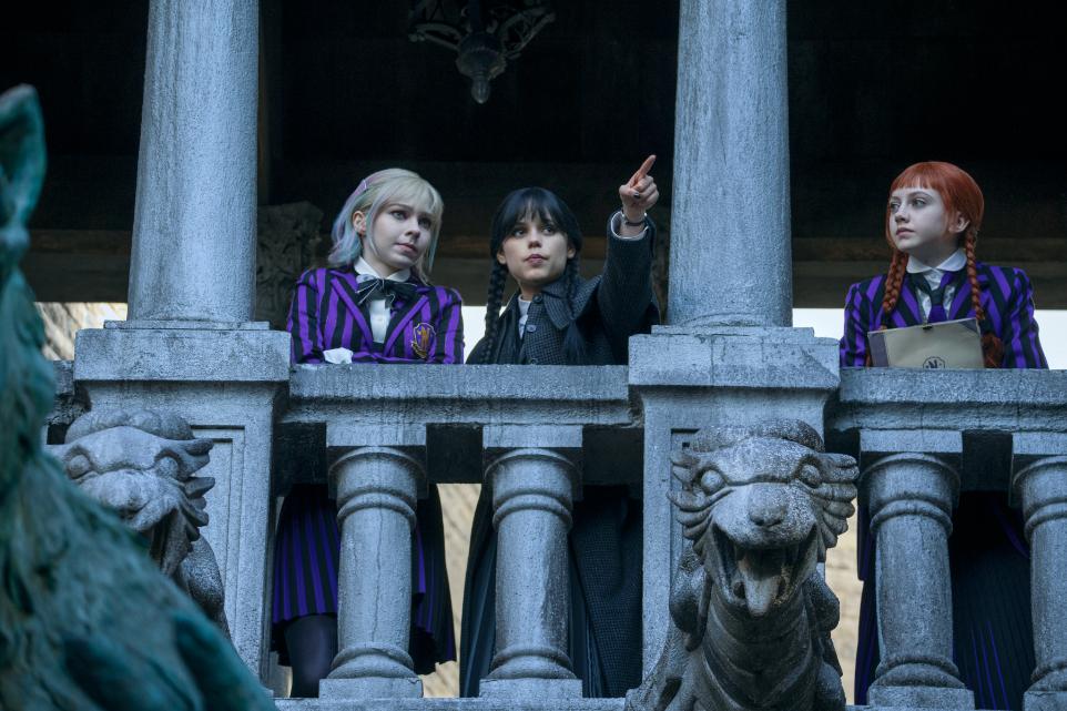 Wednesday. (L to R) Emma Myers as Enid, Jenna Ortega as Wednesday Addams, Evie Templeton as Agnes in episode 207 of Wednesday. Cr. Bernard Walsh/Netflix © 2025