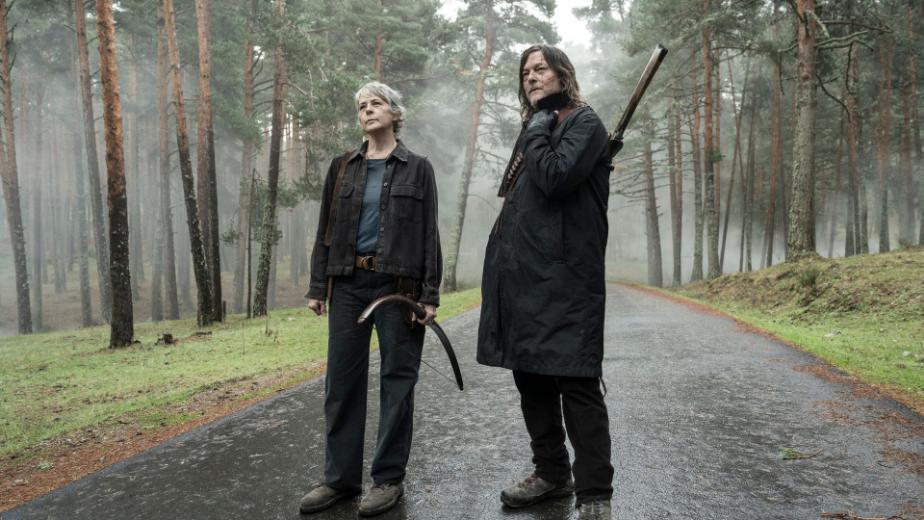 Melissa McBride as Carol and Norman Reedus as Daryl in Daryl Dixon Season 3.