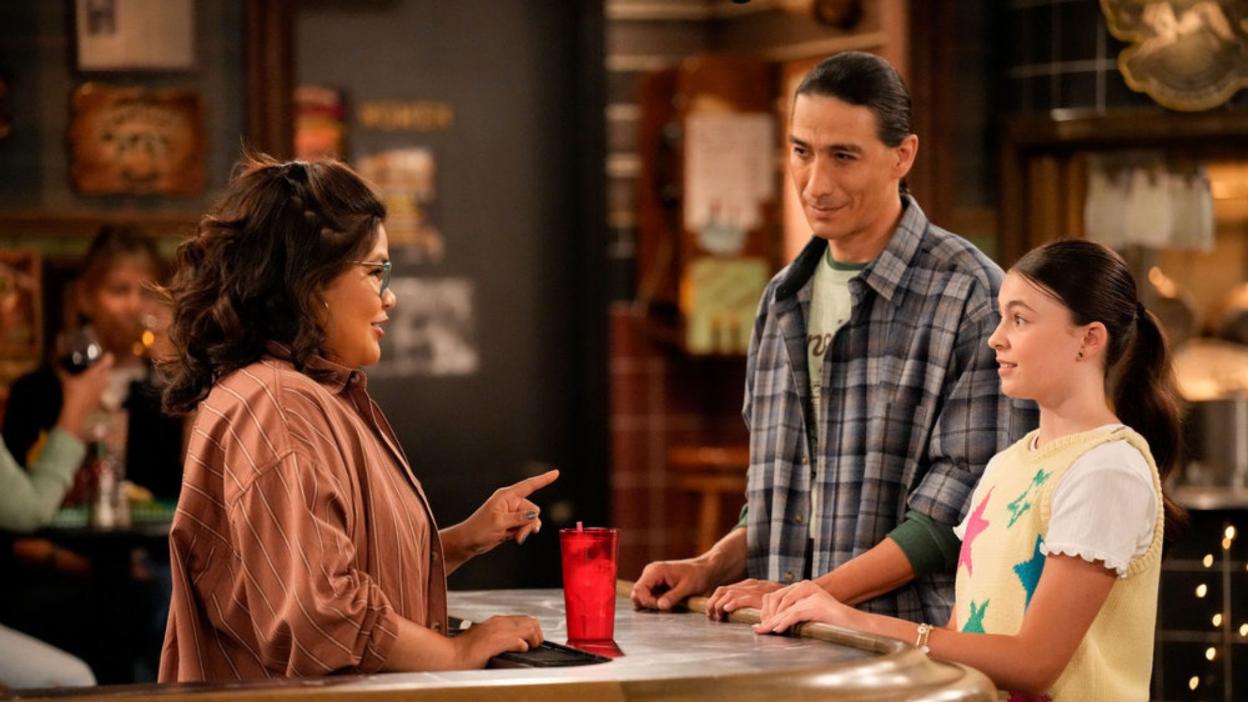 HAPPY'S PLACE -- "Straw Man" Episode 203 -- Pictured: (l-r) Belissa Escobedo as Isabella, Tokala Black Elk as Takoda, Makai Feddersen as Kimi -- (Photo by: Casey Durkin/NBC)