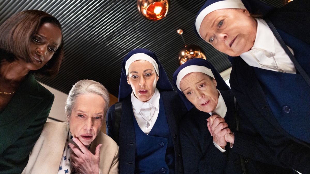 Matlock Season 2, Episode 6, "Harm Reduction" - Skye P. Marshall as “Olympia Lawrence,” Kathy Bates as “Madeline Matlock,” Melissa Alce as “Sister Bennie,” Marlene Forte as “Sister Louise,” and Maree Cheatham as “Sister Peggy.”