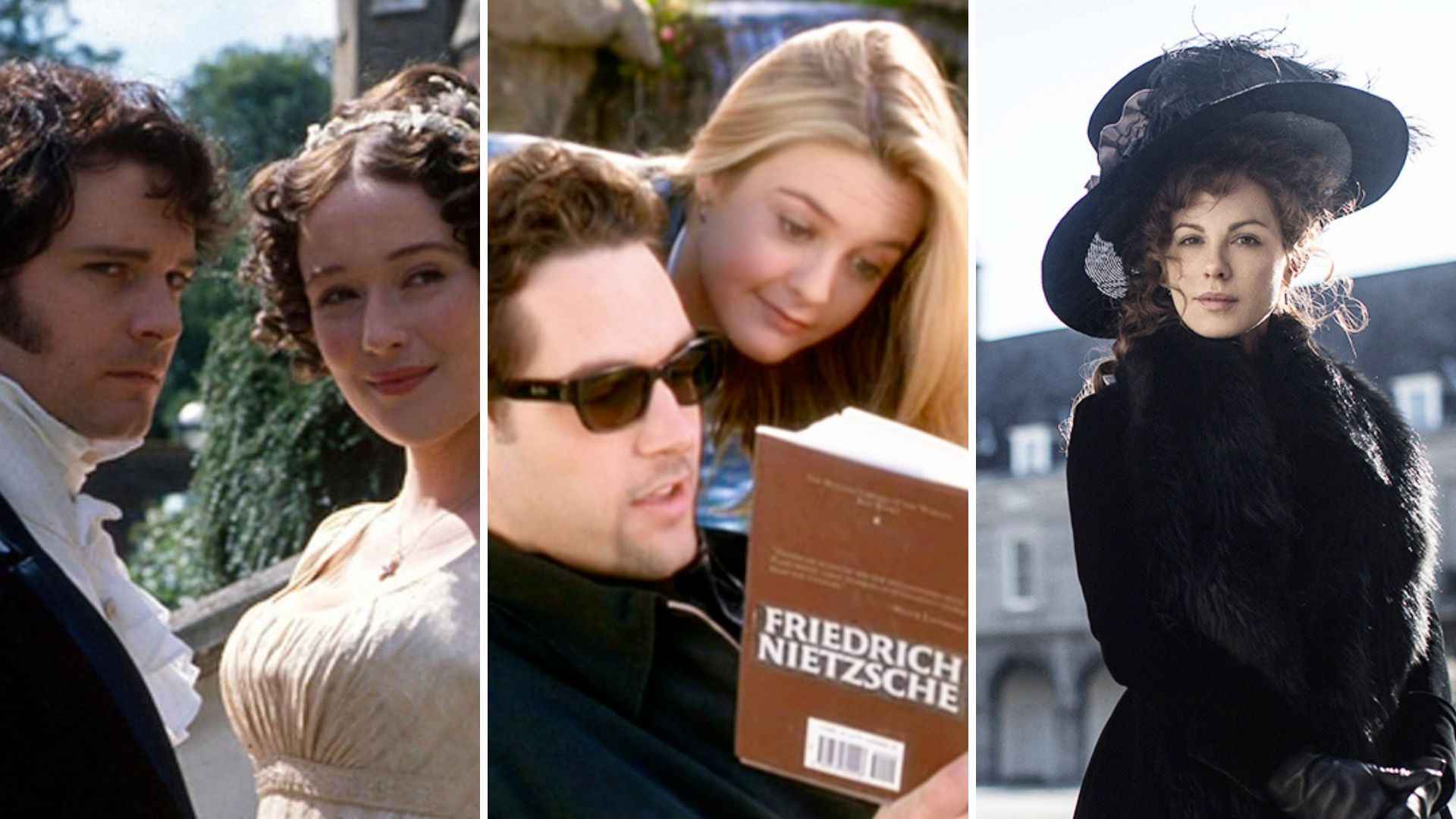 Colin Firth and Jennifer Ehle in Pride and Prejudice, Alicia Silverstone and Paul Rudd in Clueless, and Kate Beckinsale in Love & Friendship. Courtesy of BBC, Paramount, and Prime Video.