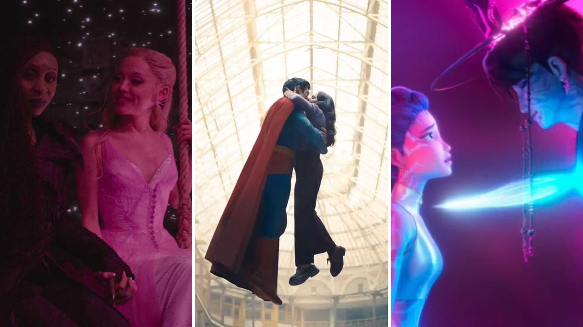 Cynthia Erivo and Ariana Grande in Wicked For Good, David Corenswet and Rachel Brosnahan in Superman, and Rumi and Jinu of KPop Demon Hunters. Courtesy of Universal, Warner Bros., and Netflix.