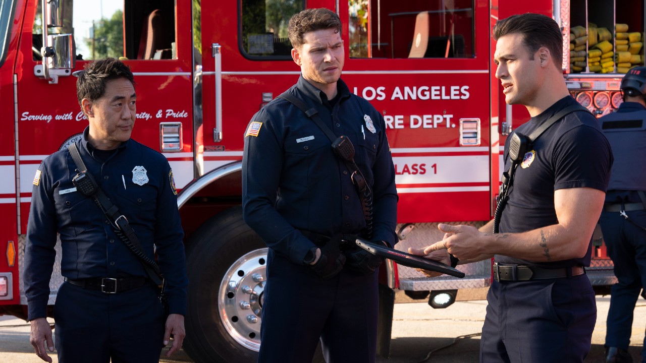 9-1-1 Season 9, Episode 8 - War - Chimney, Buck and Eddie. Courtesy ABC