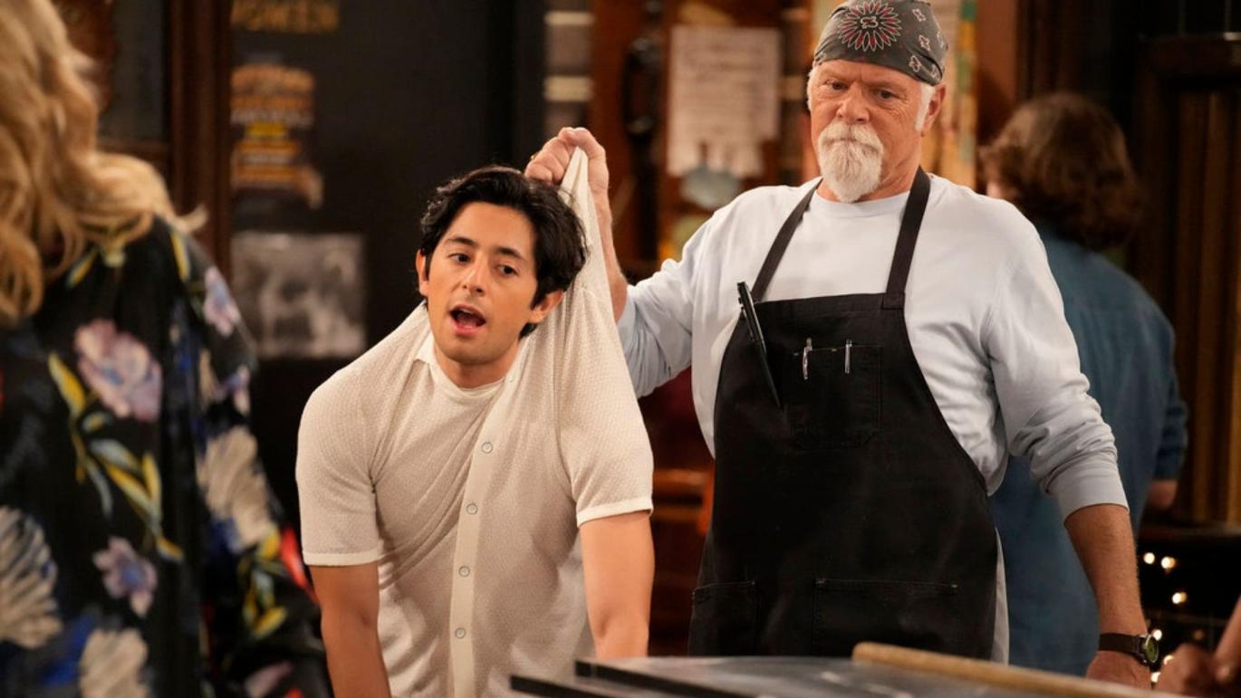 HAPPY'S PLACE -- "An Accountant Prepares" Episode 207 -- Pictured: (l-r) Pablo Castelblanco as Steve, Rex Linn as Emmett -- (Photo by: Casey Durkin/NBC)