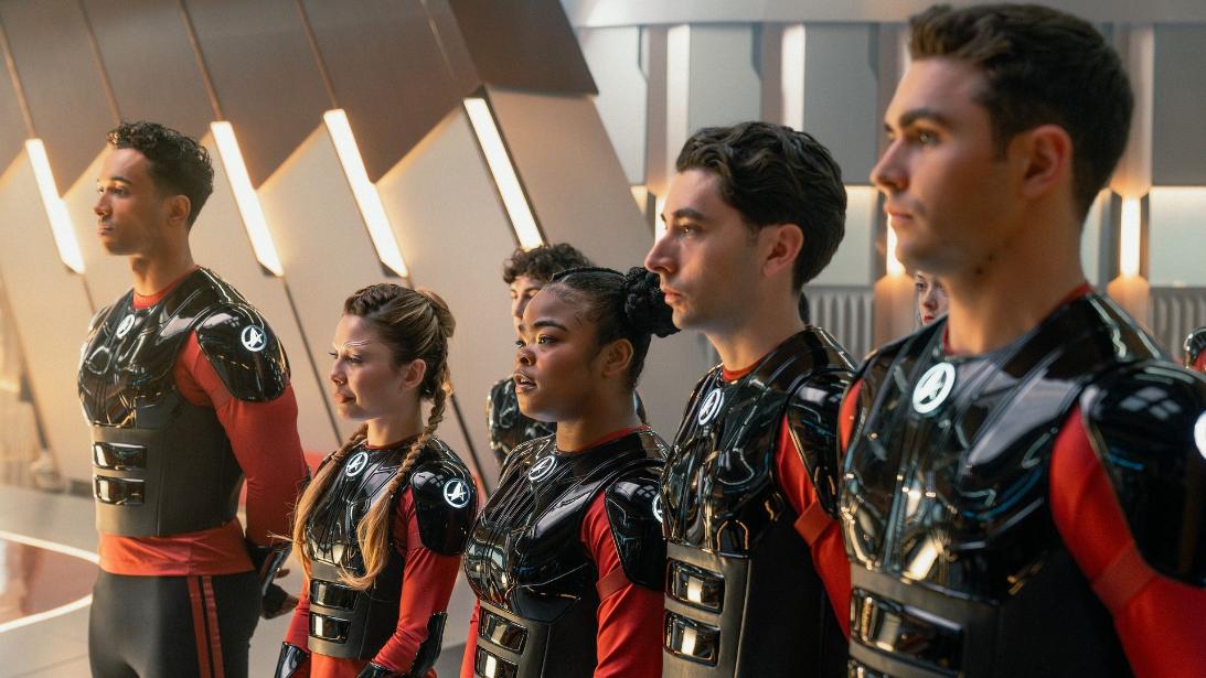 Sandro Rosta as Caleb Mir, Bella Shepard as Genesis Lythe, Kerrice Brooks as Sam, Romeo Carere as Ocam Sadal and George Hawkins as Darem Reymi in Star Trek: Starfleet Academy season 1 episode 3 "Vitus Reflex."