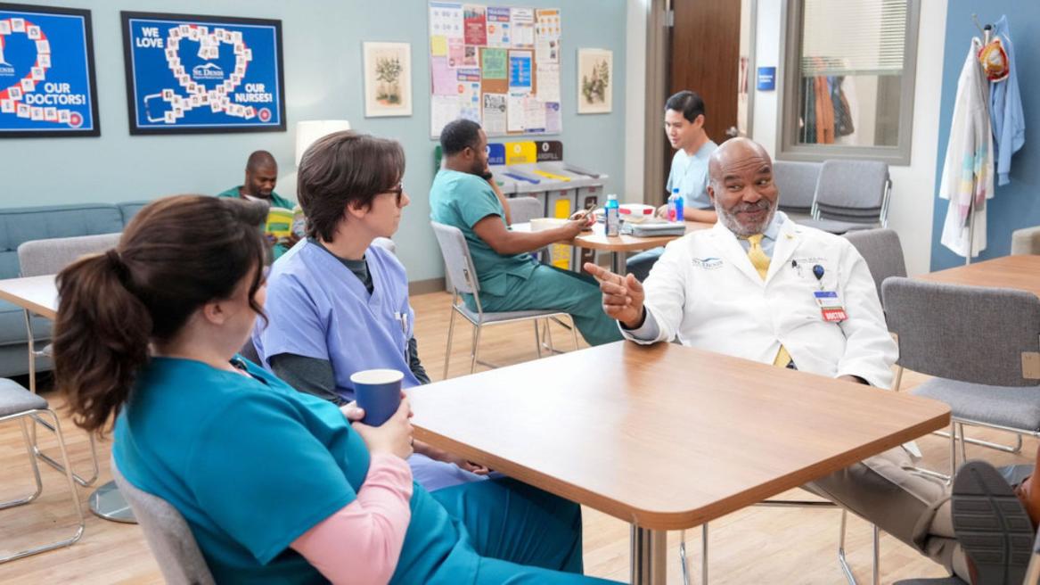 ST. DENIS MEDICAL -- "You're in His Bubble Space" Episode 209 -- Pictured: (l-r) Allison Tolman as Alex, Mekki Leeper as Matt, David Alan Grier as Dr. Ron -- (Photo by: Chris Haston/NBC)