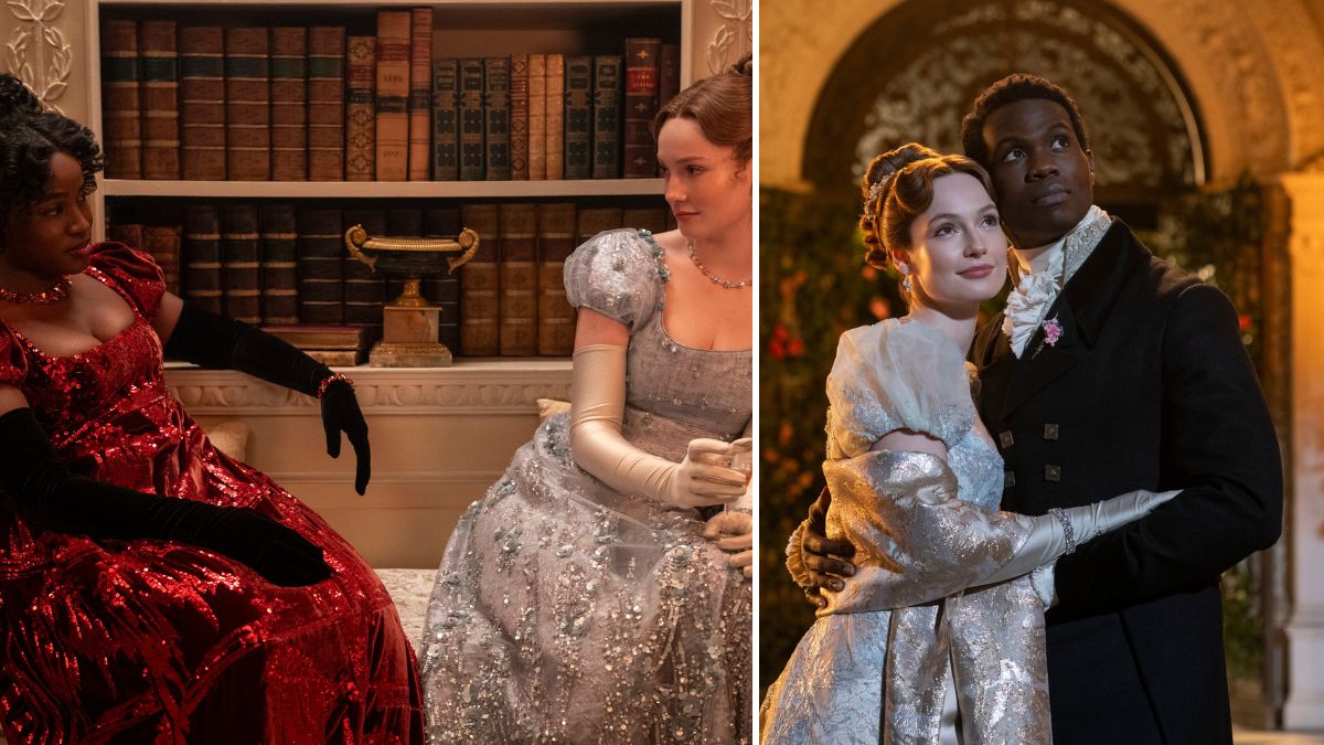 Bridgerton Season 4 - Masali Baduza as Michaela, Hannah Dodd as Francesca Bridgerton, and Victor Alli as John Stirling