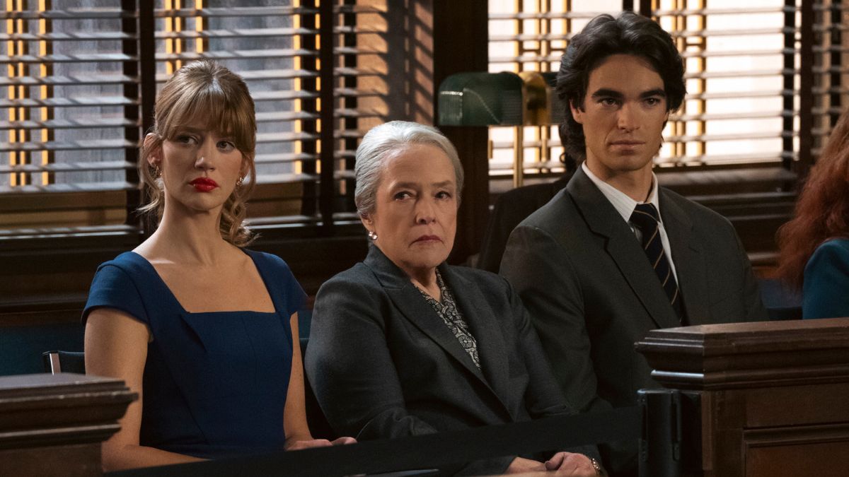 Matlock Season 2, Episode 10, "The Greater Good" - Yael Grobglas as "Shae Banfield,” Kathy Bates as “Madeline Matlock,” and Henry Haber as "Hunter Langley.”