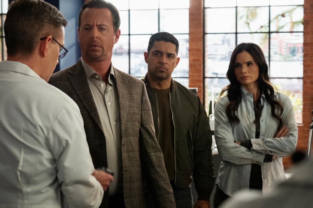 “S.O.S.” - CBS Original Series NCIS, scheduled to air TUESDAY, April 16, 2026(8:00 PM ET/PT) Pictured (L-R): Sean Murray as Timothy McGee, Wilmer Valderrama as Nick Torres, Katrina Law as Jessica Knight, Brian Dietzen as Jimmy Palmer Photo: Robert Voets/CBS ©2026 CBS Broadcasting, Inc. All Rights Reserved.