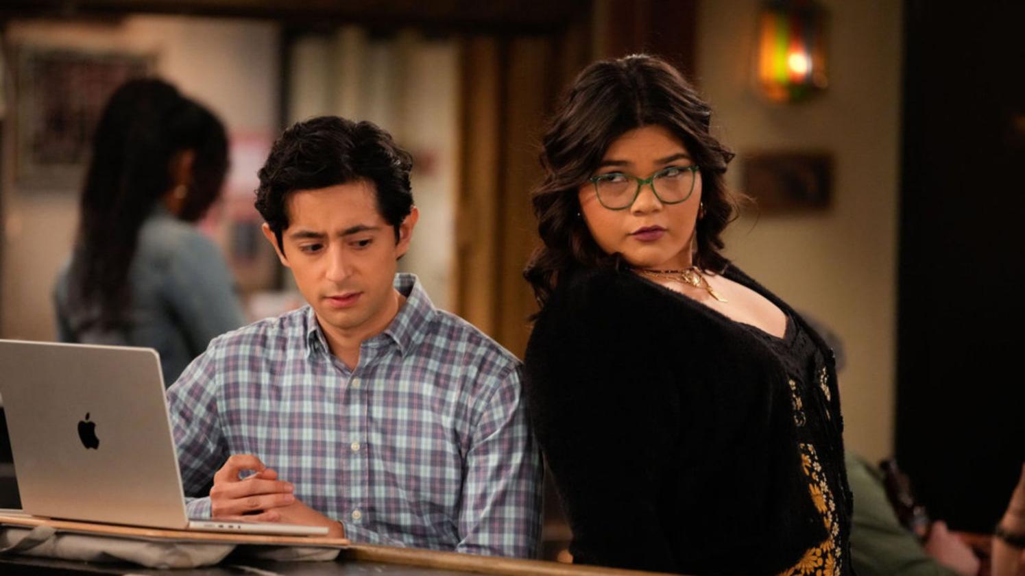 HAPPY'S PLACE -- "AI-AI-No" Episode 216 -- Pictured: (l-r) Pablo Castelblanco as Steve, Belissa Escobedo as Isabella -- (Photo by: Casey Durkin/NBC)