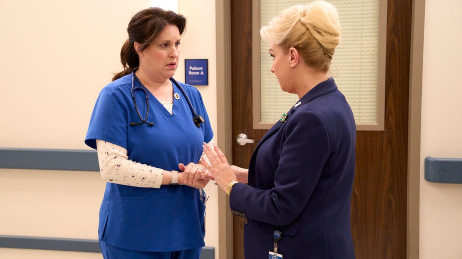 ST. DENIS MEDICAL -- "We Make Time" Episode 218 -- Pictured: (l-r) Allison Tolman as Alex, Wendi Mclendon Covey as Joyce -- (Photo by: Greg Gayne/NBC)