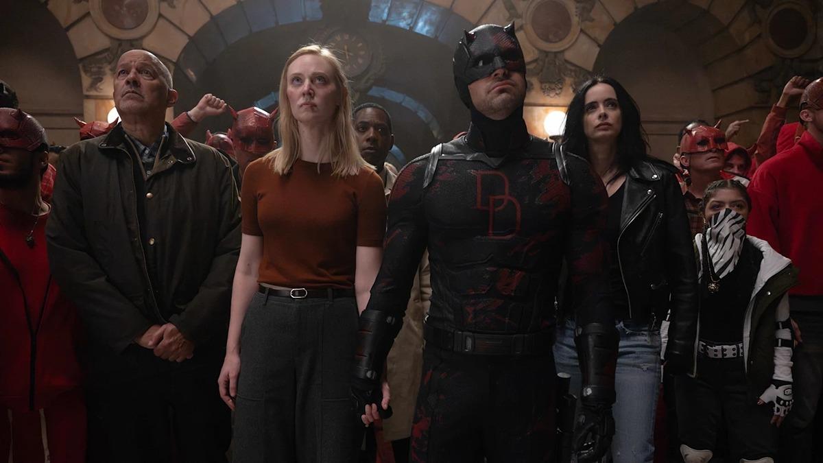 Cherry (Clark Johnson), Karen Page (Deborah Ann Woll), Brett Mahoney (Royce Johnson), Matt Murdock/Daredevil (Charlie Cox), Jessica Jones (Krysten Ritter) and Angela Del Toro (Camila Rodriguez) in Marvel Television's DAREDEVIL: BORN AGAIN SEASON 2, exclusively on Disney+. | Photo by Jojo Whilden. © 2026 Marvel.