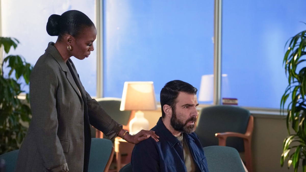 BRILLIANT MINDS -- "The Missing Person" Episode 215 -- Pictured: (l-r) Tamberla Perry as Dr. Carol Pierce, Zachary Quinto as Dr. Oliver Wolf -- (Photo by: David Lee/NBC)