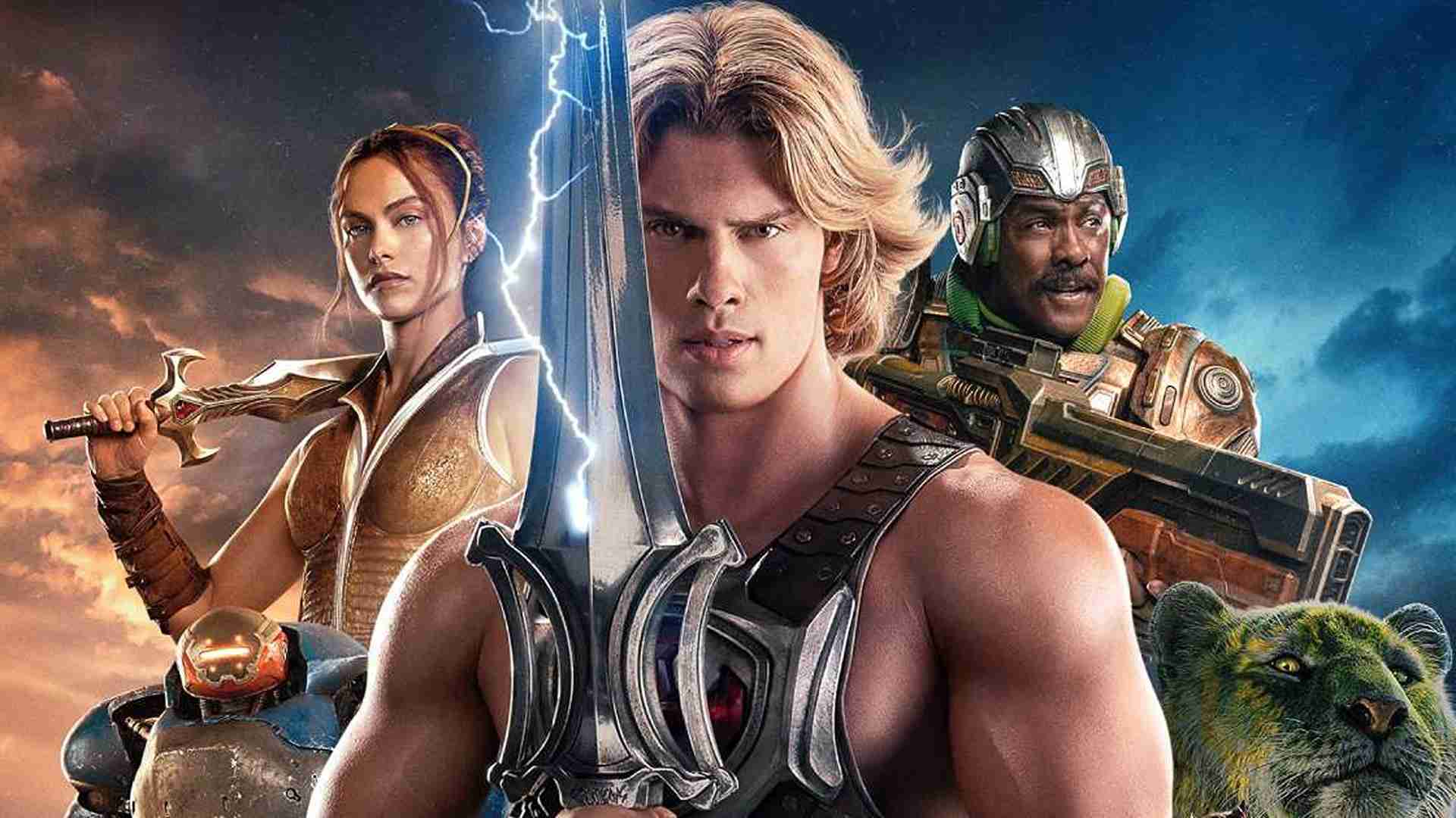 Camila Mendes, Nicholas Galitzine, and Idris Elba in Masters of the Universe. Courtesy of Amazon MGM Studios.