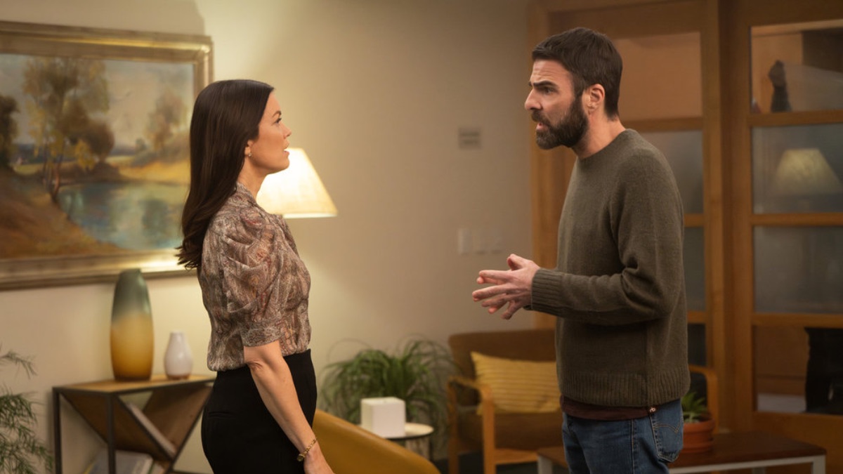 BRILLIANT MINDS -- "Doctor, Interrupted" Episode 217 -- Pictured: (l-r) Bellamy Young as Dr. Amelia Frederick, Zachary Quinto as Dr. Oliver Wolf -- (Photo by: Pief Weyman/NBC)