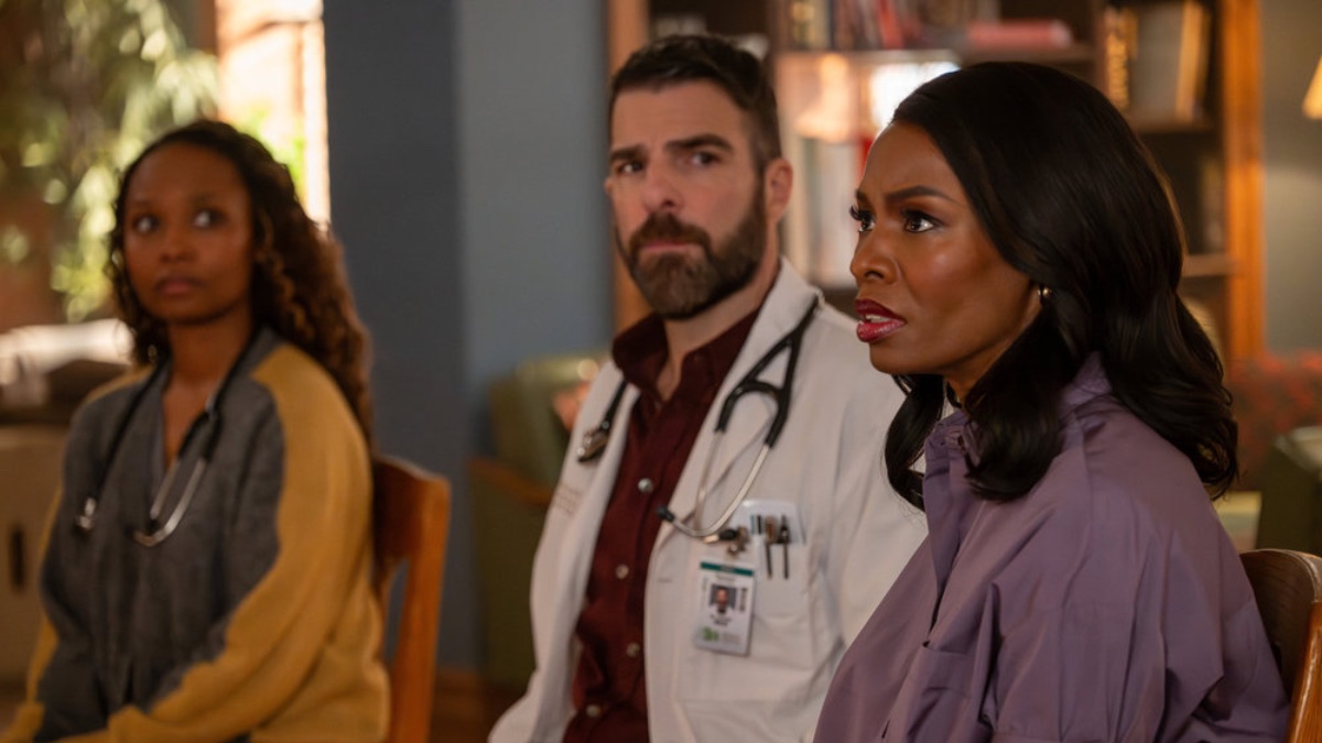 BRILLIANT MINDS -- "The Hero's Journey" Episode 219 -- Pictured: (l-r) Ashleigh LaThrop as Dr. Ericka Kinney, Zachary Quinto as Dr. Oliver Wolf, Tamberla Perry as Dr. Carol Pierce -- (Photo by: Pief Weyman/NBC)