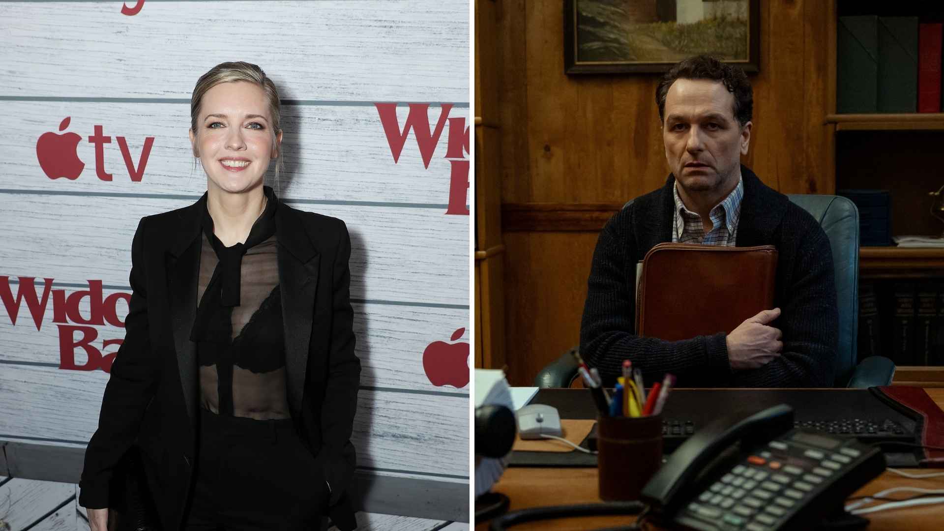 katie dippold at widow's bay premiere and then a still of tom in the show