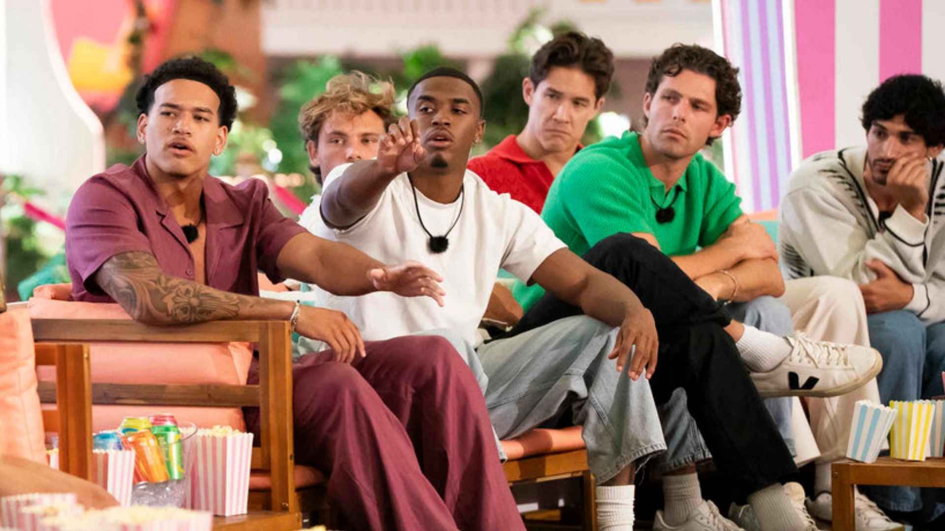 LOVE ISLAND USA -- "Week 5" Episode 825 -- Pictured: (l-r) Corbin Mims, Gal Tshnieder, Kuman Dameon Chandler, Carl Schmidt, Dylan Wrona, Zacharias Georgiou -- (Photo by: Kim Nunneley/Peacock)