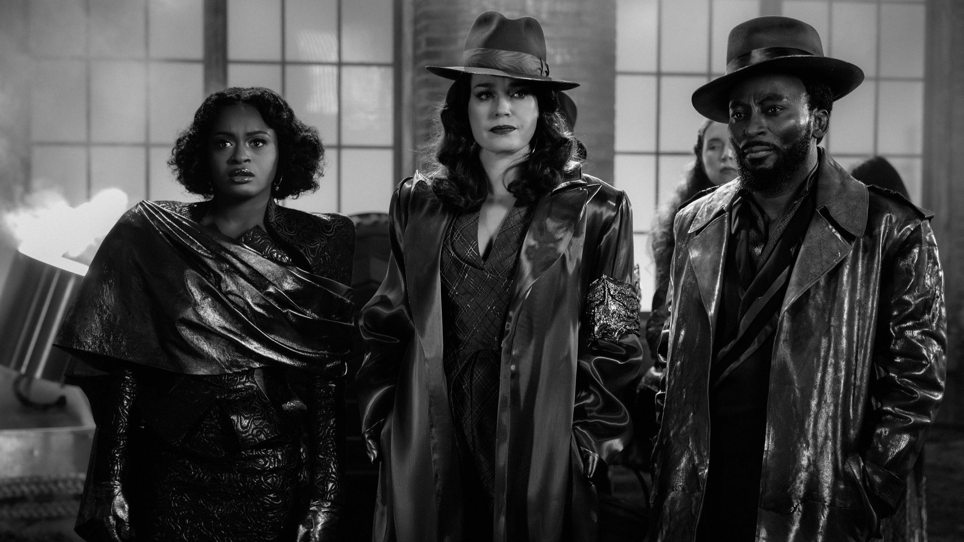 Celia Rose Gooding as Uhura, Rebecca Romijn as Una, and Babs Olusanmokun as Dr. M’Benga in Star Trek: Strange New Worlds Season 4 Episode 4 of "A Case of Chiaroscuro."