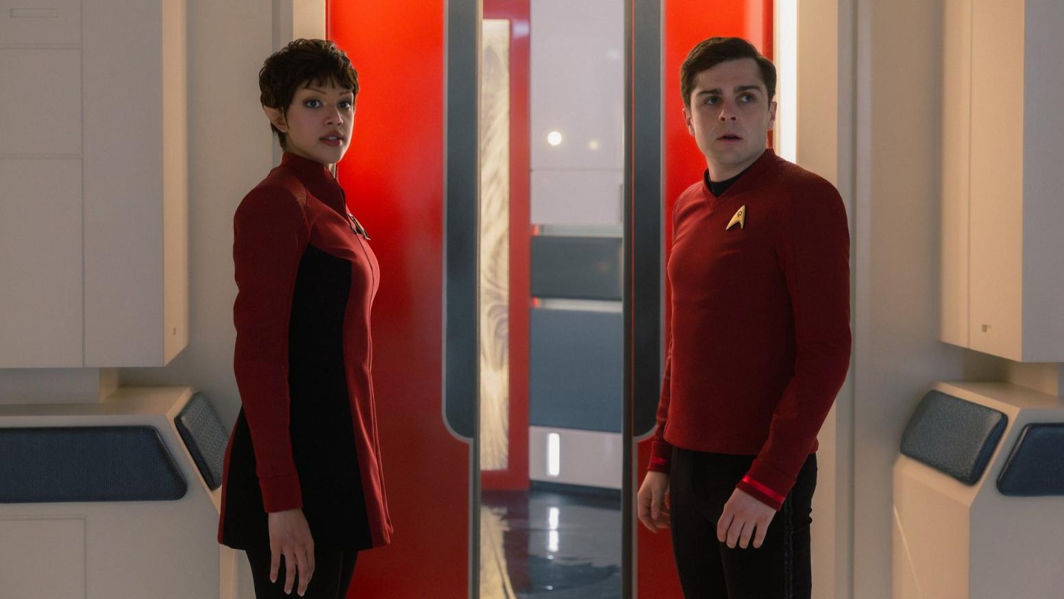 Bianca Nugara as A’Sha and Martin Quinn as Scotty in Star Trek: Strange New Worlds Season 4 Episode 6 "Off-Hour."