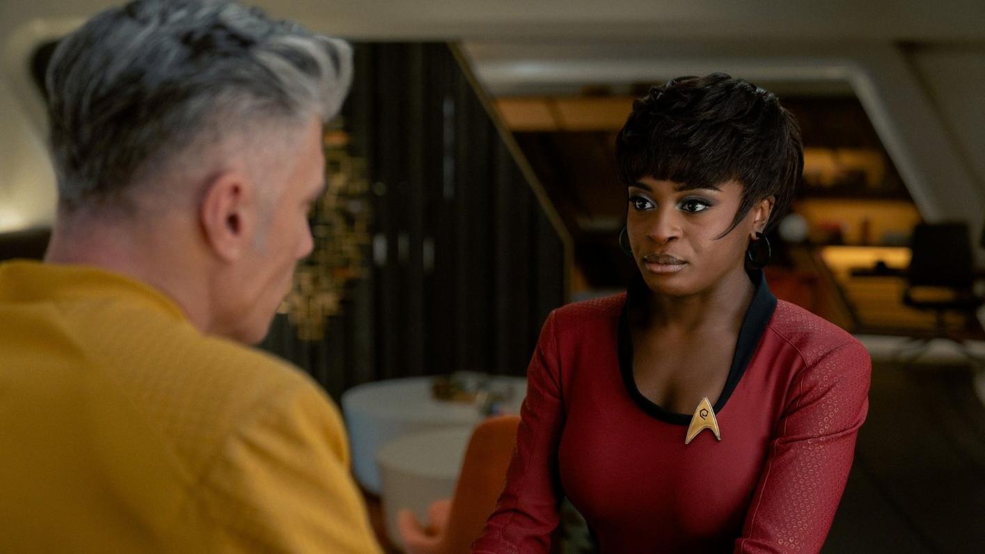 Anson Mount as Captain Pike and Celia Rose Gooding as Uhura in Star Trek: Strange New Worlds Season 4 Episode 10 "Tomorrow's Enterprise."