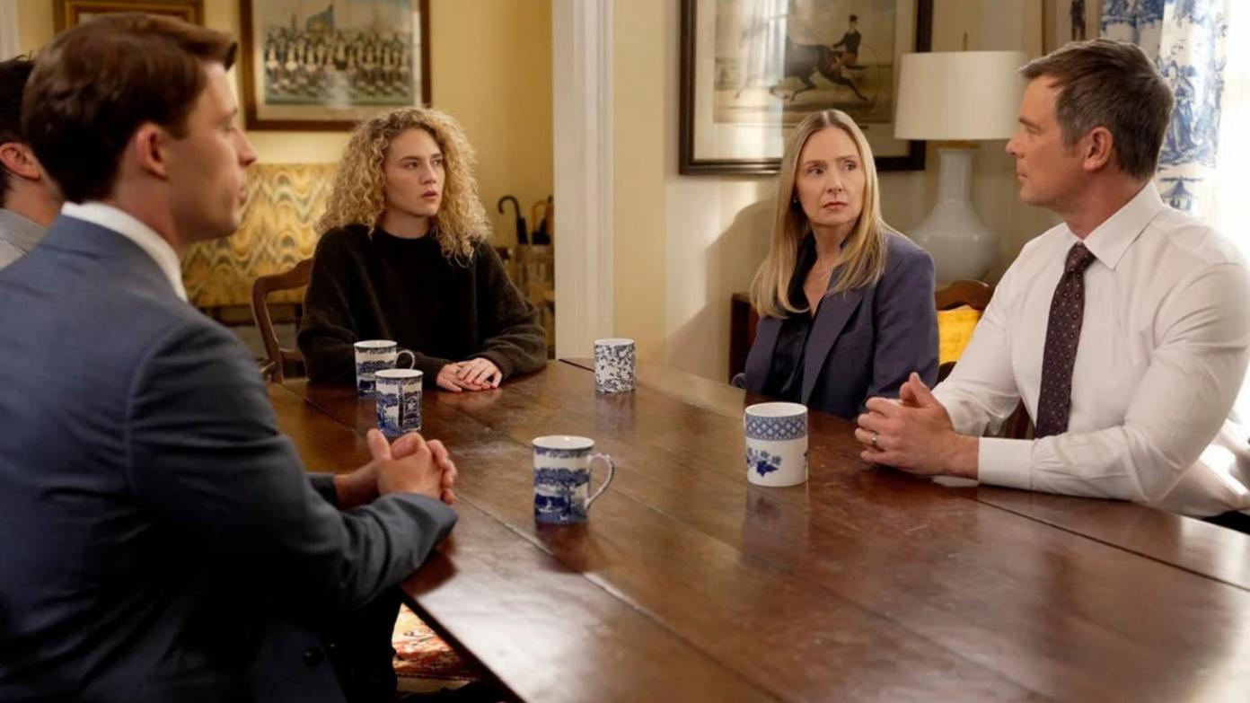 LINE OF FIRE -- "A Bigger Picture" Episode 102 -- Pictured: (l-r) Taylor Bloom as Russ Hollingsworth, Kat Cunning as Clare Hollingsworth, Hope Davis as Jane Hollingsworth, Peter Krause as Mike Hollingsworth -- (Photo by: Spencer Pazer/NBC)