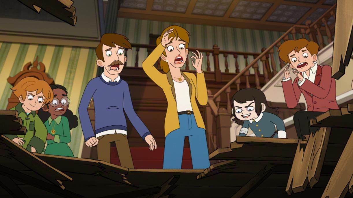 Haunted Hotel (L to R) Natalie Palamides as Esther, Sunita Mani as Heather, Will Forte as Nathan, Eliza Coupe as Katherine, Jimmi Simpson as Abaddon and Skyler Gisondo as Ben in Haunted Hotel. Cr. COURTESY OF NETFLIX © 2026
