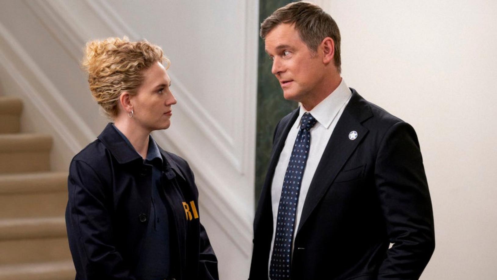 LINE OF FIRE -- "Paper Trail" Episode 104 -- Pictured: (l-r) Kat Cunning as Clare Hollingsworth, Peter Krause as Mike Hollingsworth -- (Photo by: Ralph Bavaro/NBC)