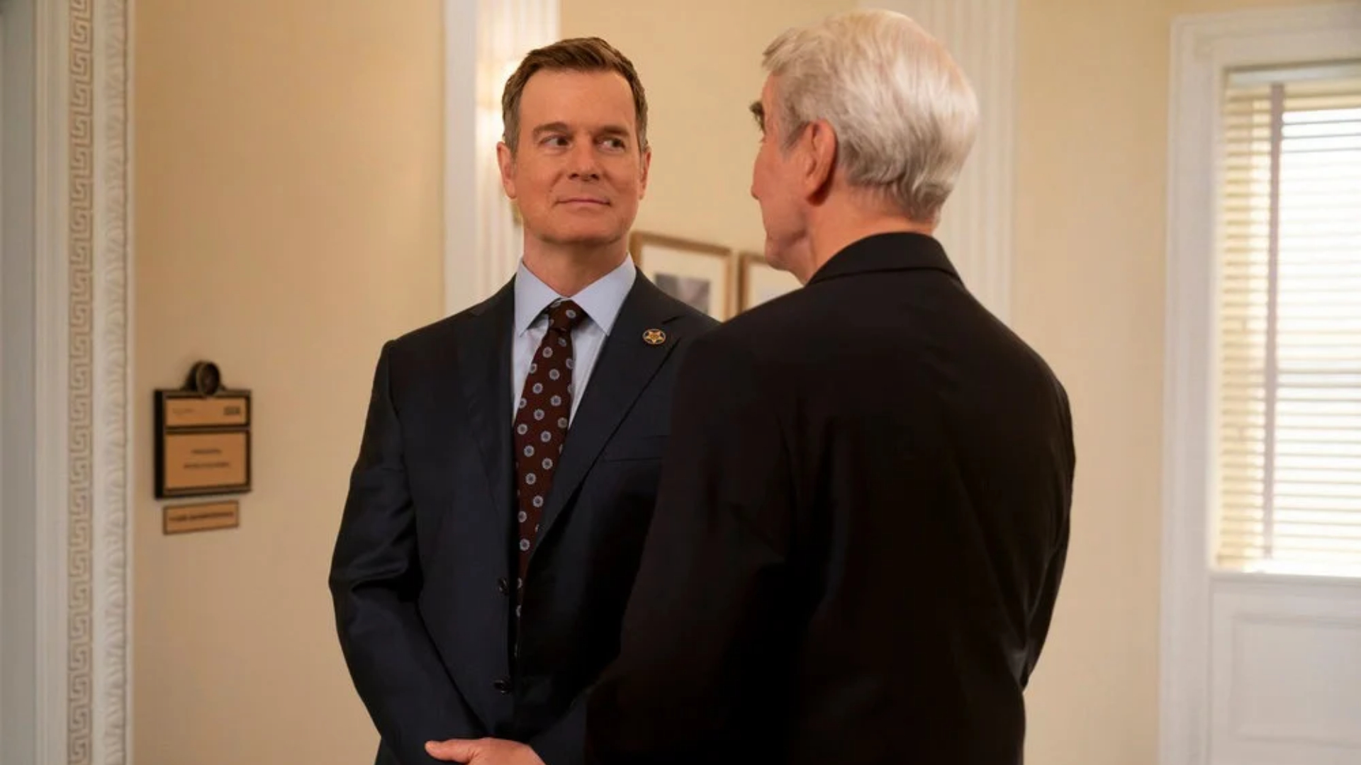 LINE OF FIRE -- "Cul-de-Sac" Episode 105 -- Pictured: (l-r) Peter Krause as Mike Hollingsworth, Sam Waterston as Former President Thomas Barnes -- (Photo by: Ralph Bavaro/NBC)